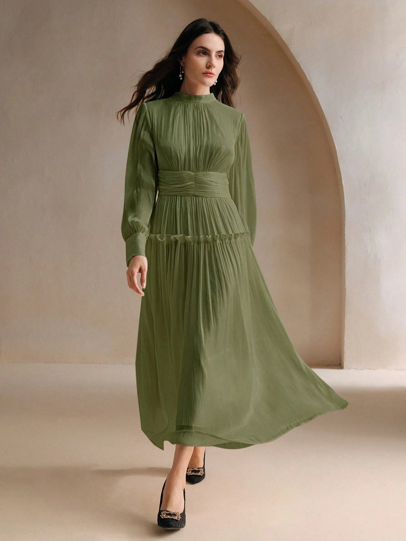 Sparkly Fabric Puffy Sleeve Waist Patchwork High Waist Dress