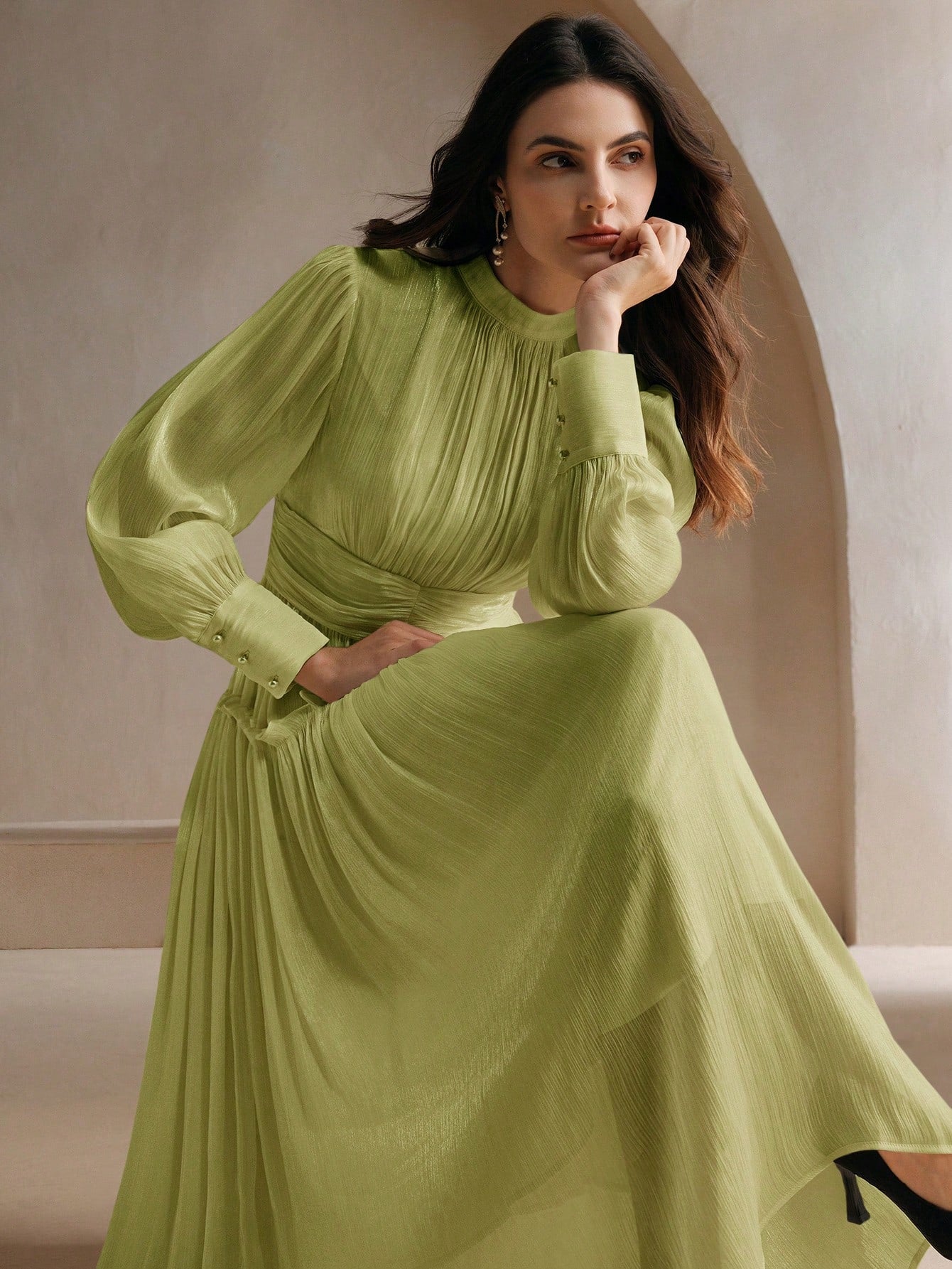 Sparkly Fabric Puffy Sleeve Waist Patchwork High Waist Dress