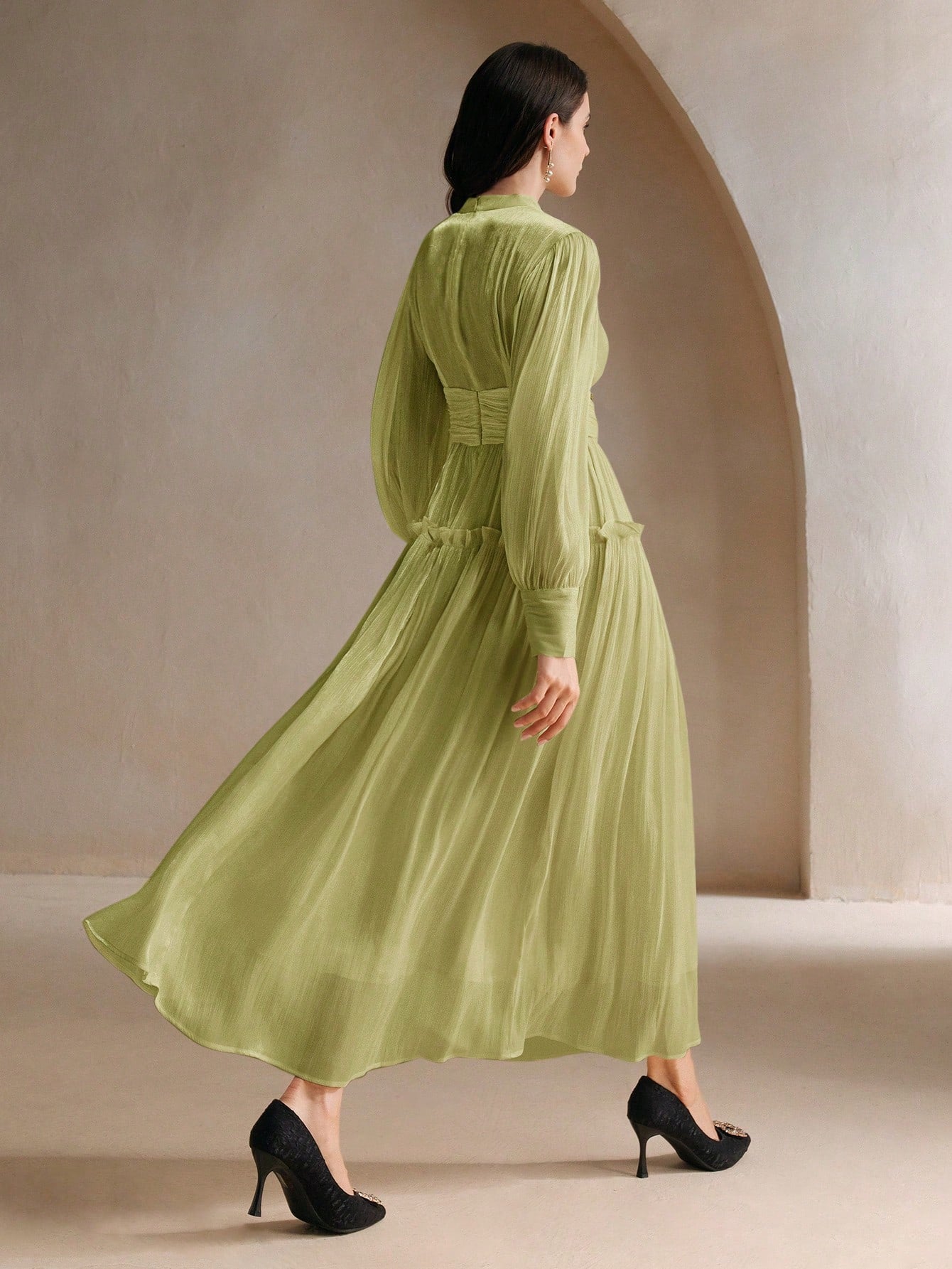 Sparkly Fabric Puffy Sleeve Waist Patchwork High Waist Dress
