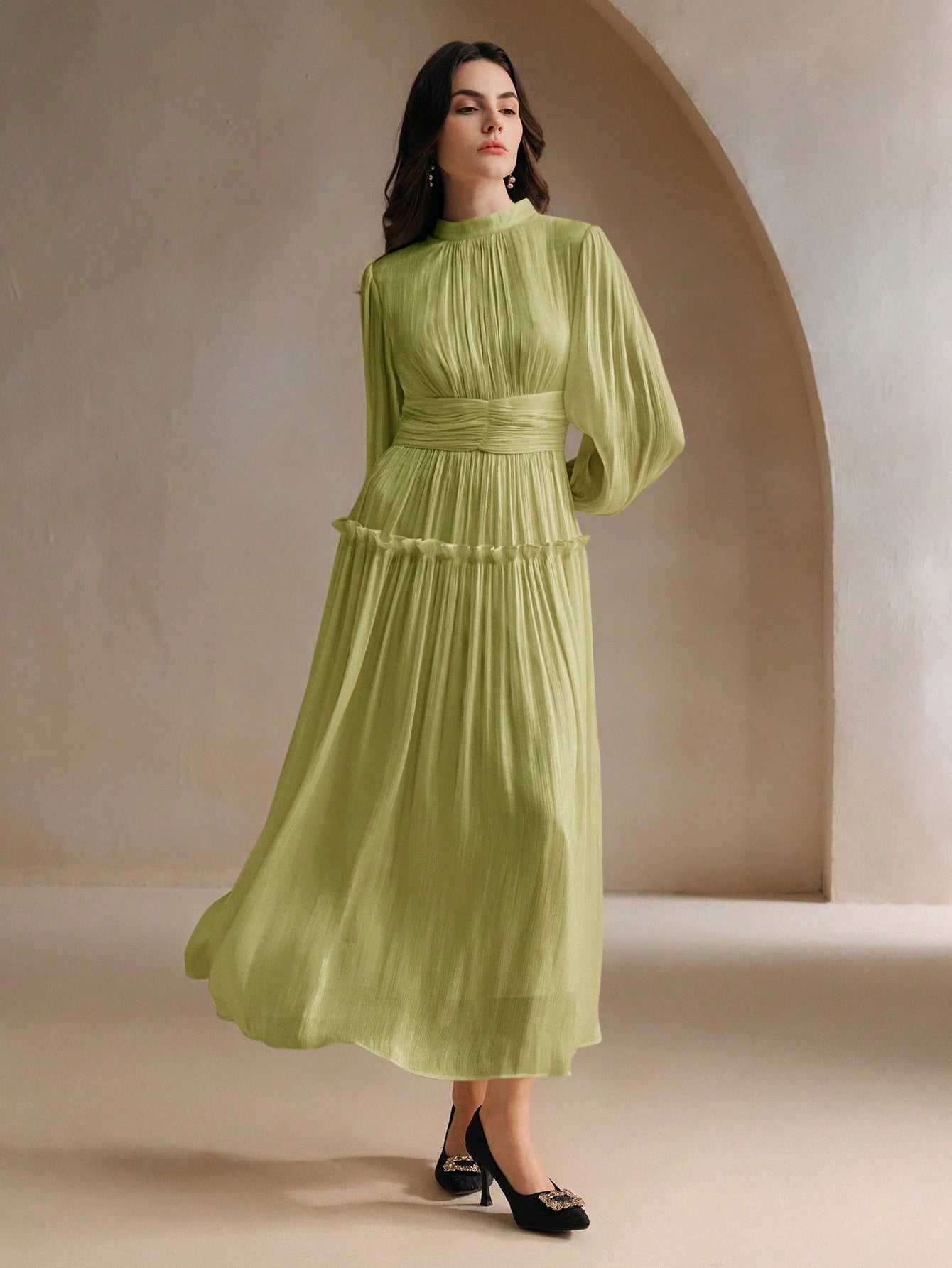 Sparkly Fabric Puffy Sleeve Waist Patchwork High Waist Dress