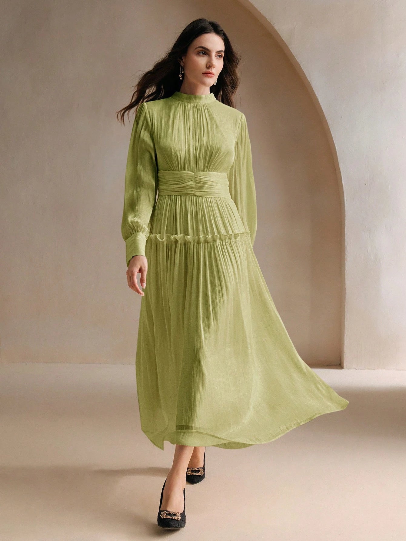Sparkly Fabric Puffy Sleeve Waist Patchwork High Waist Dress