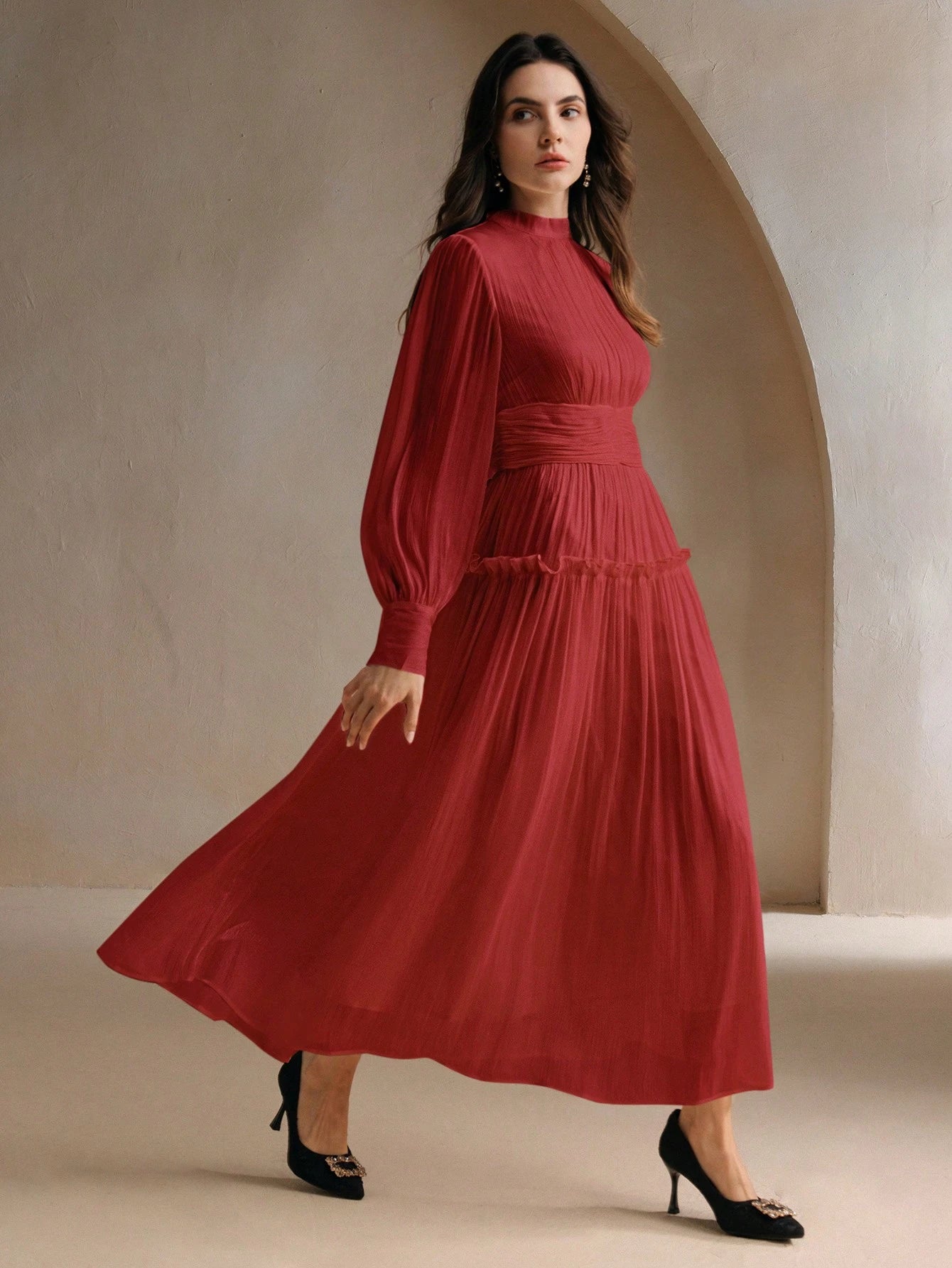 Sparkly Fabric Puffy Sleeve Waist Patchwork High Waist Dress