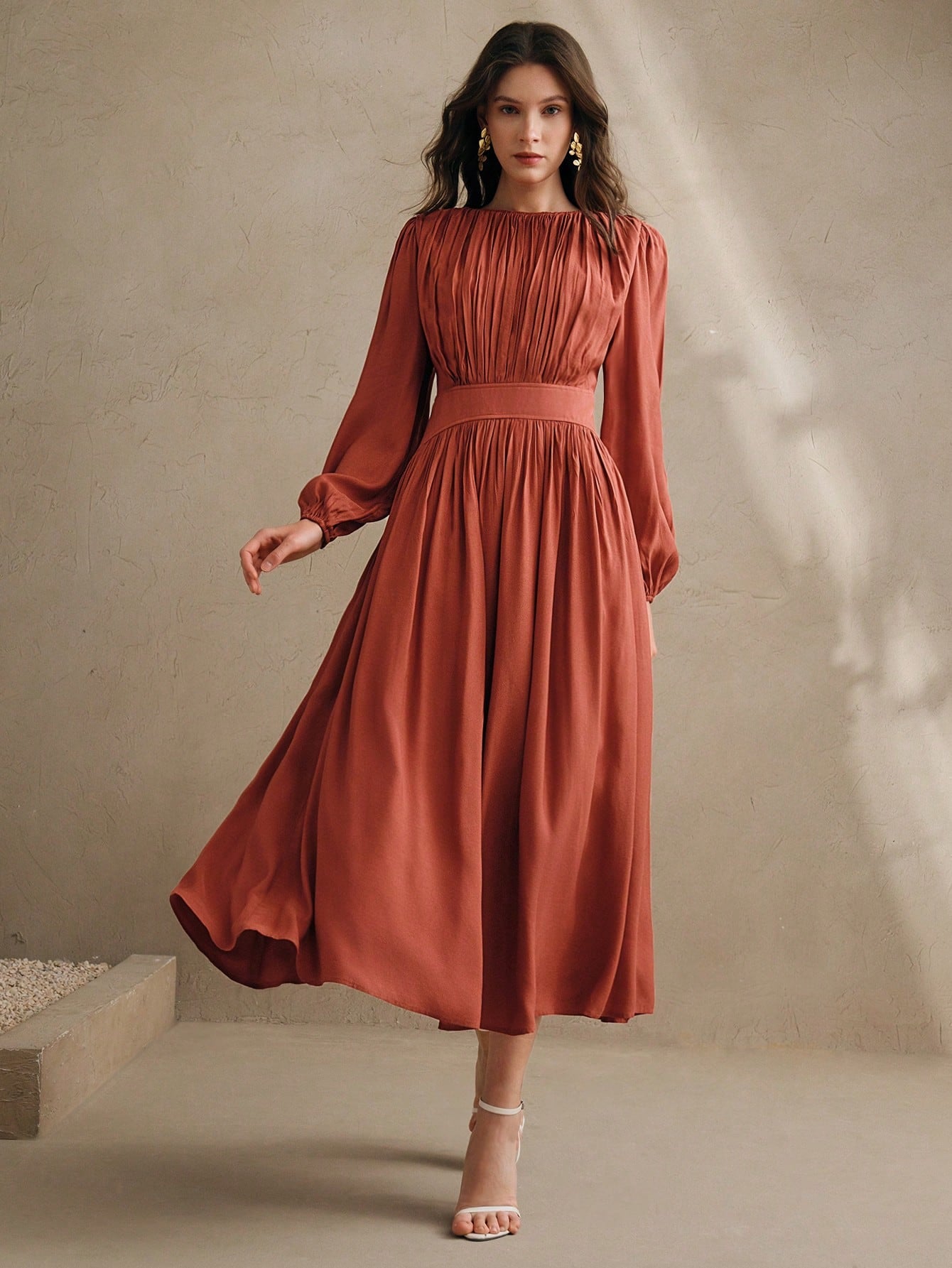 Woven Orange Red Pleated Long Dress