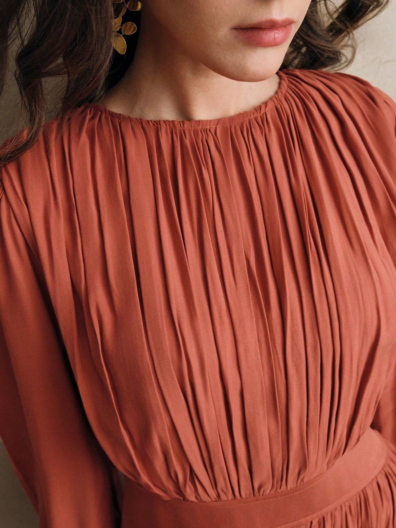 Woven Orange Red Pleated Long Dress