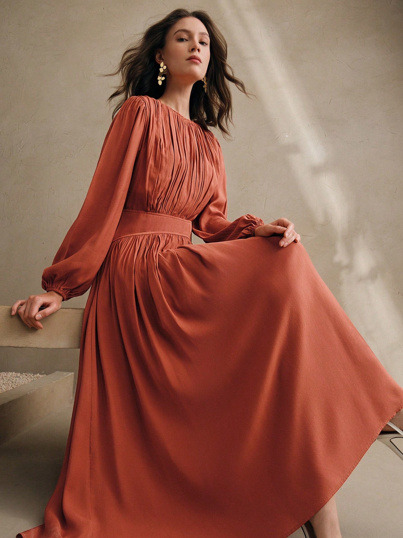 Woven Orange Red Pleated Long Dress