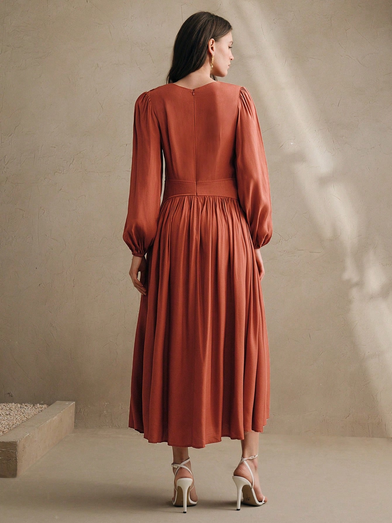 Woven Orange Red Pleated Long Dress