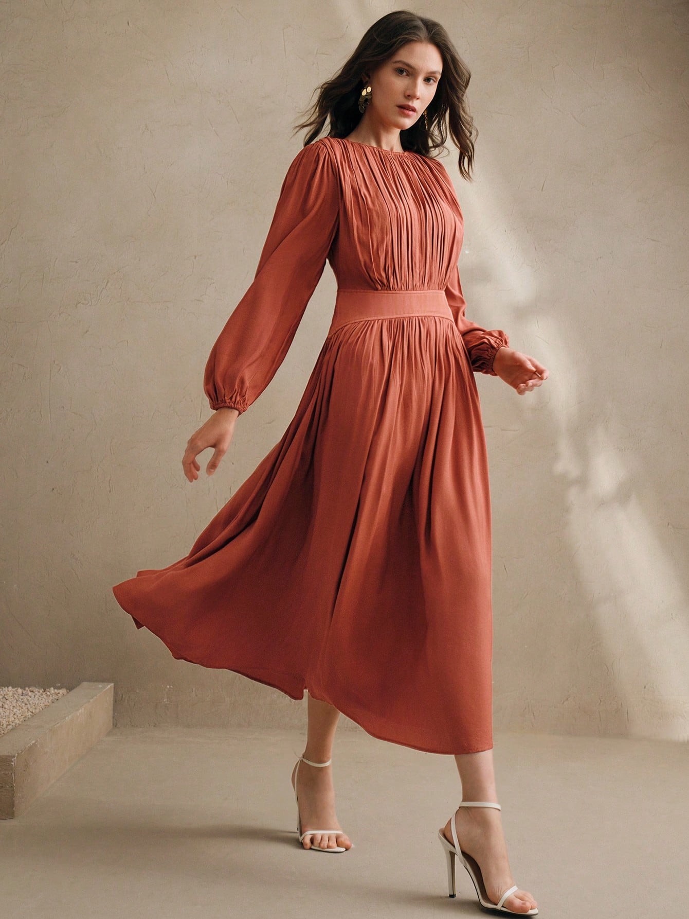 Woven Orange Red Pleated Long Dress