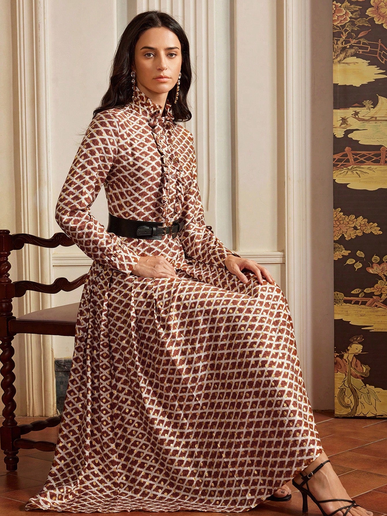 Retro Metallic Printed Ruffle Hem Dress For Women,