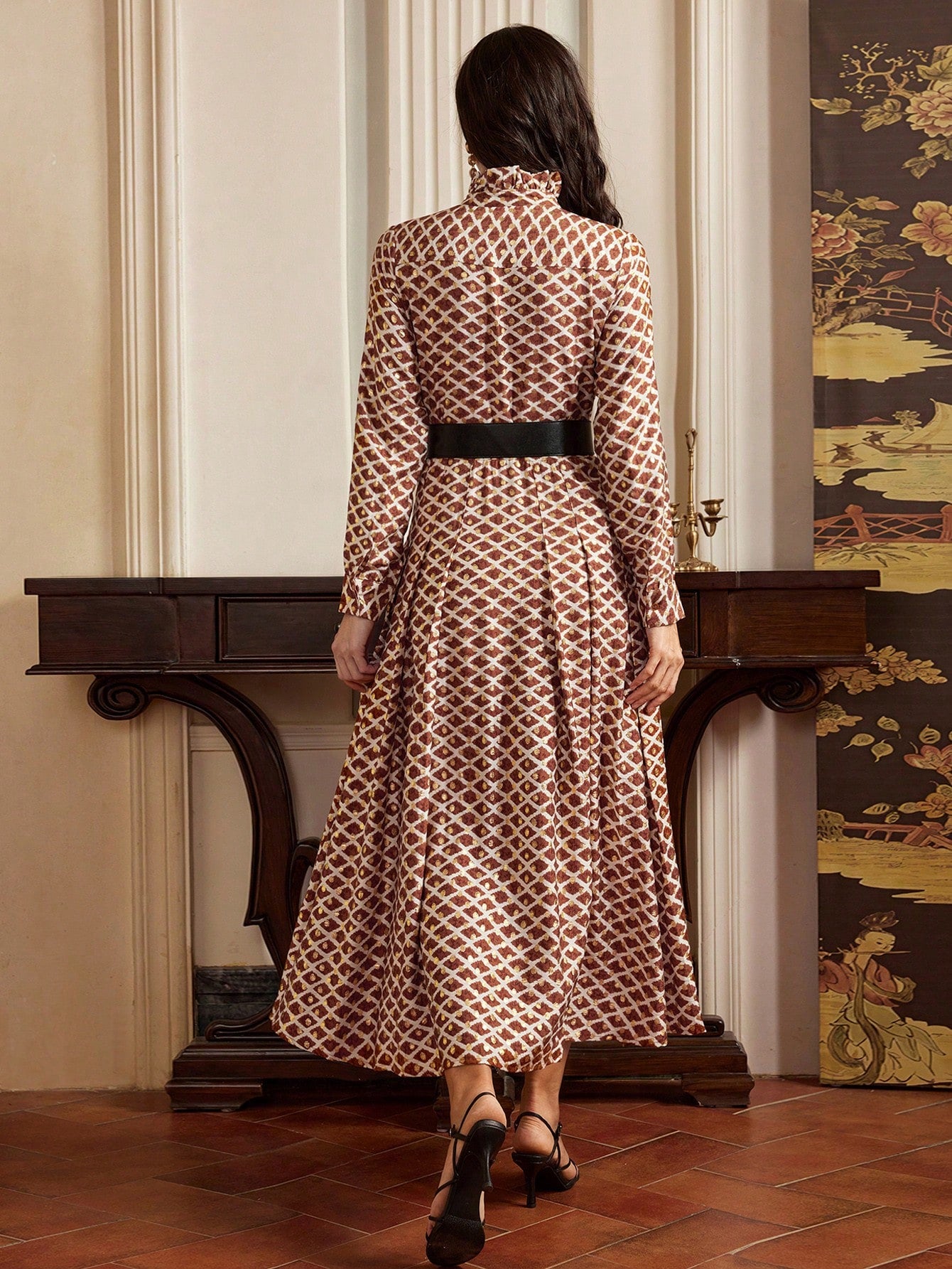 Retro Metallic Printed Ruffle Hem Dress For Women,