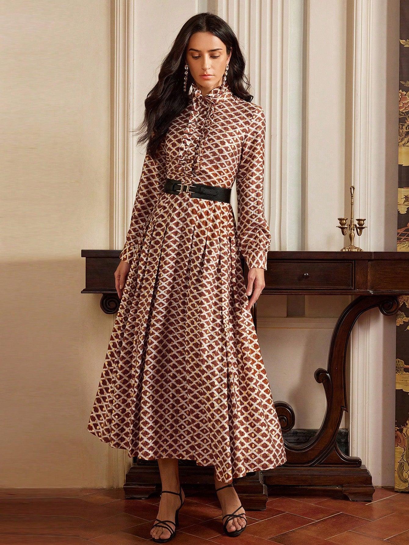 Retro Metallic Printed Ruffle Hem Dress For Women,