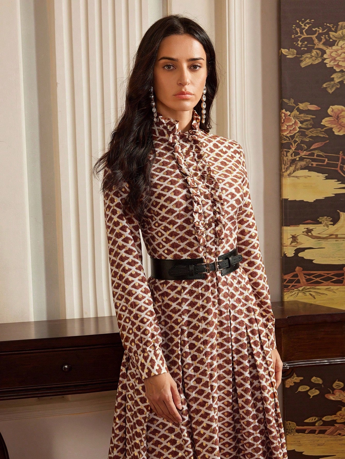 Retro Metallic Printed Ruffle Hem Dress For Women,