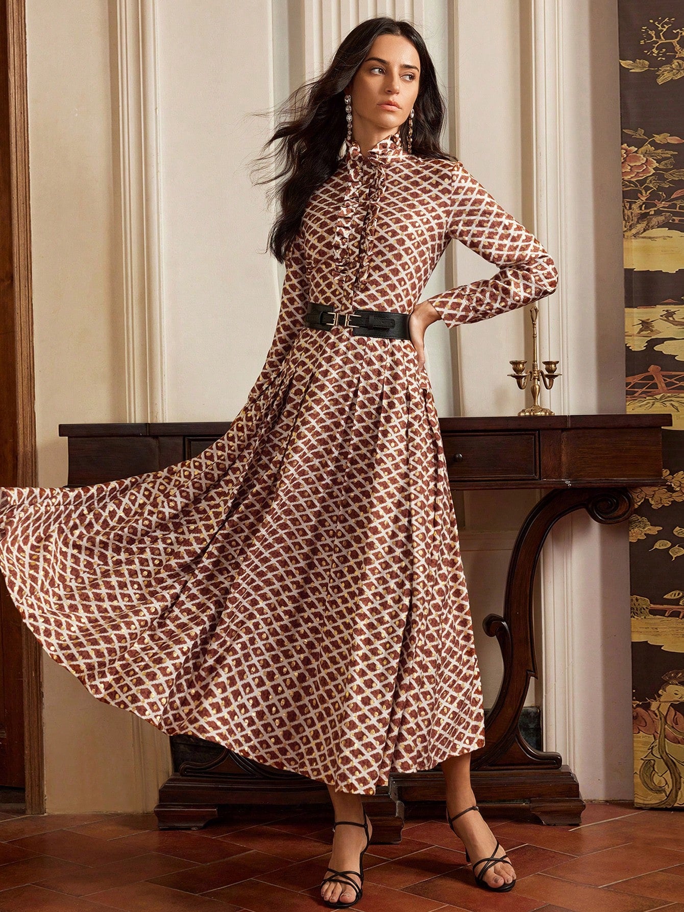 Retro Metallic Printed Ruffle Hem Dress For Women,