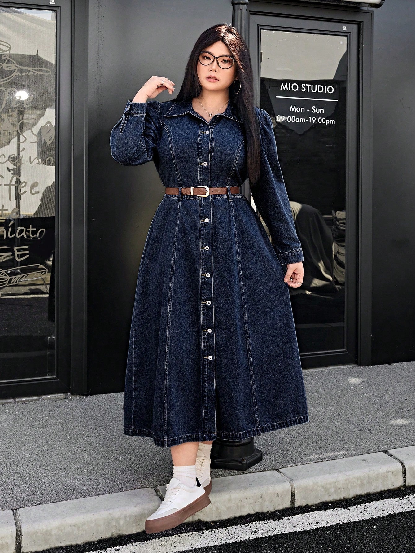 Plus Size Women's Long Casual Denim Shirt Dress