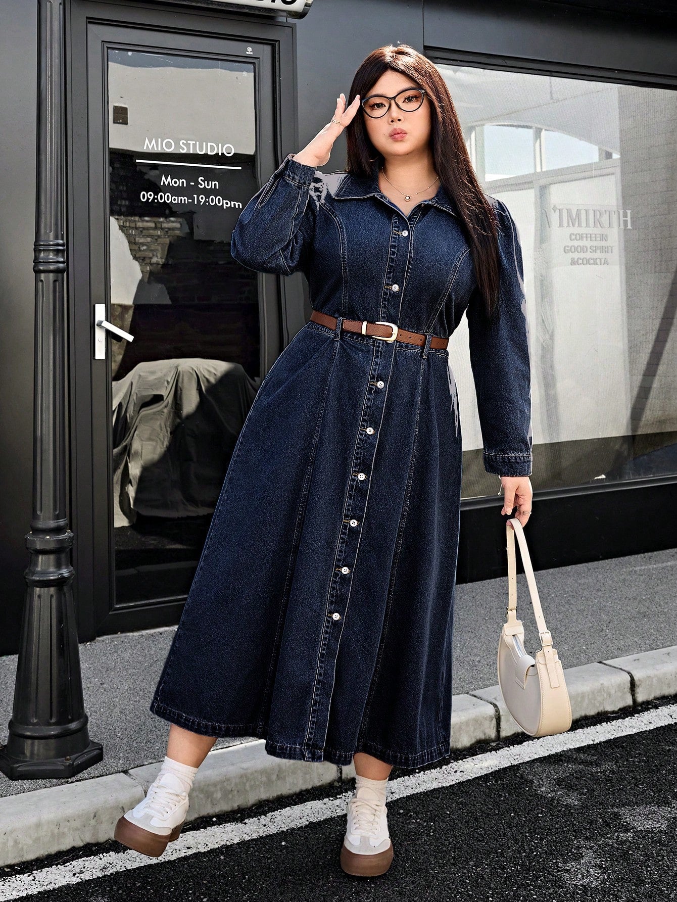 Plus Size Women's Long Casual Denim Shirt Dress