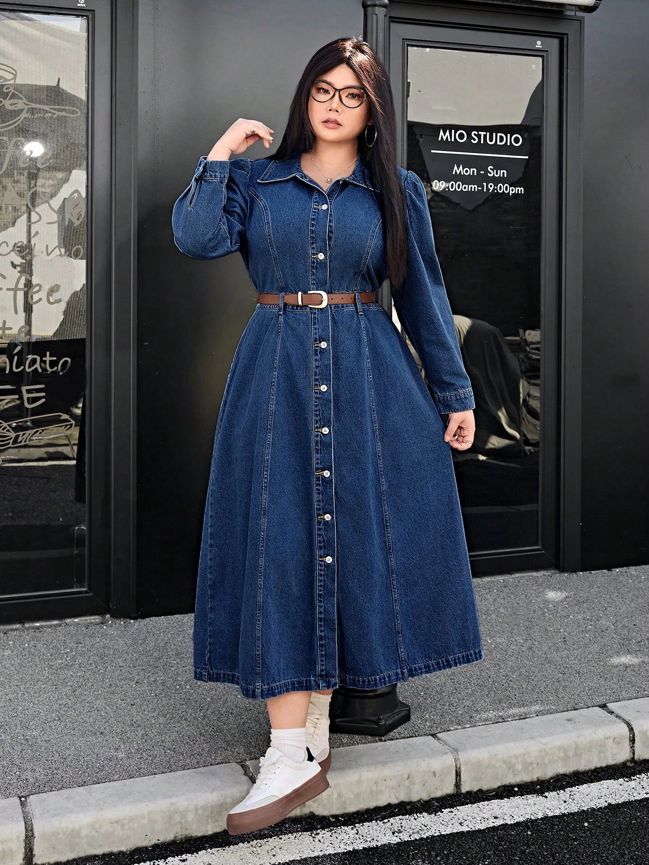 Plus Size Women's Long Casual Denim Shirt Dress