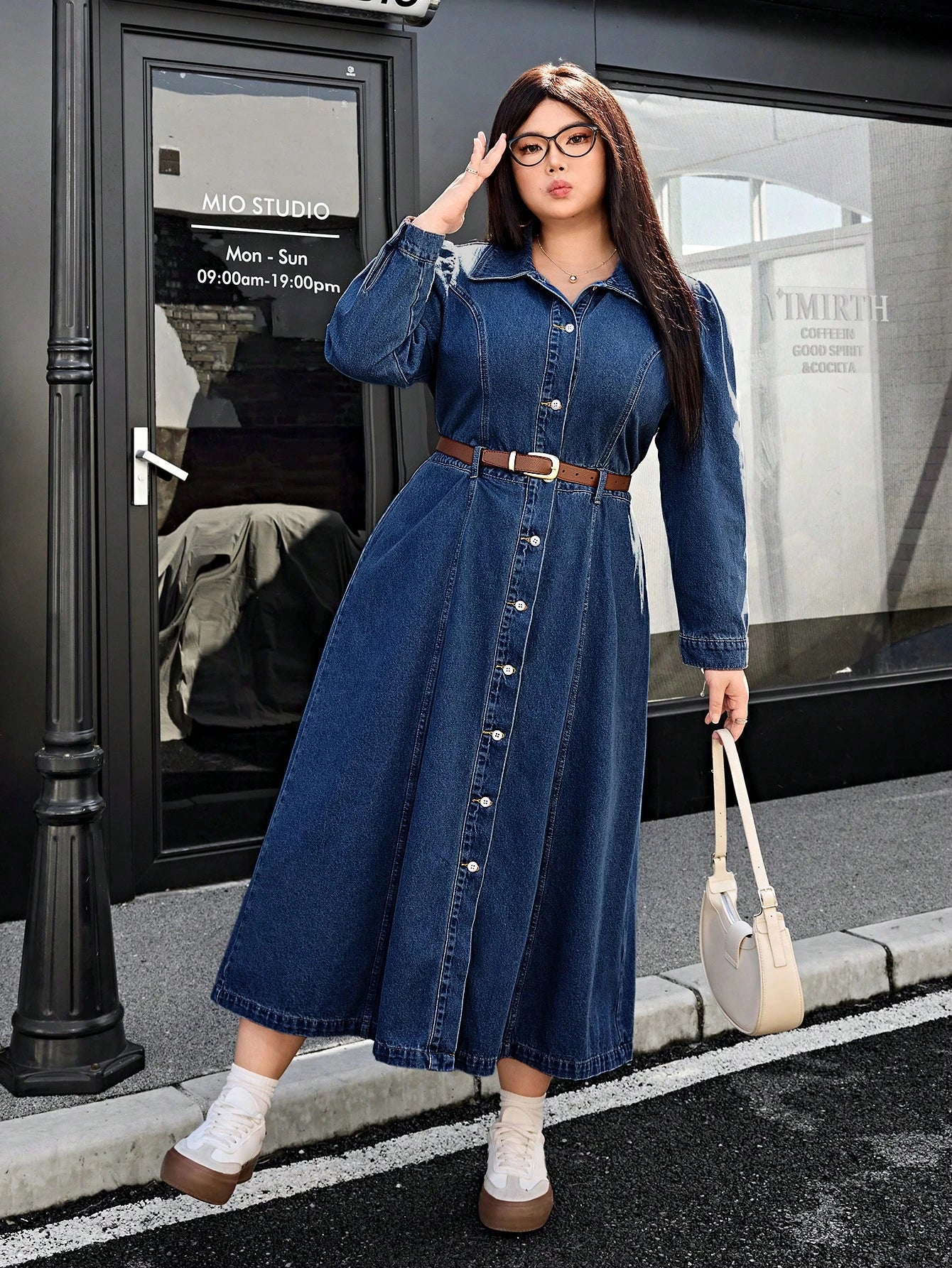 Plus Size Women's Long Casual Denim Shirt Dress