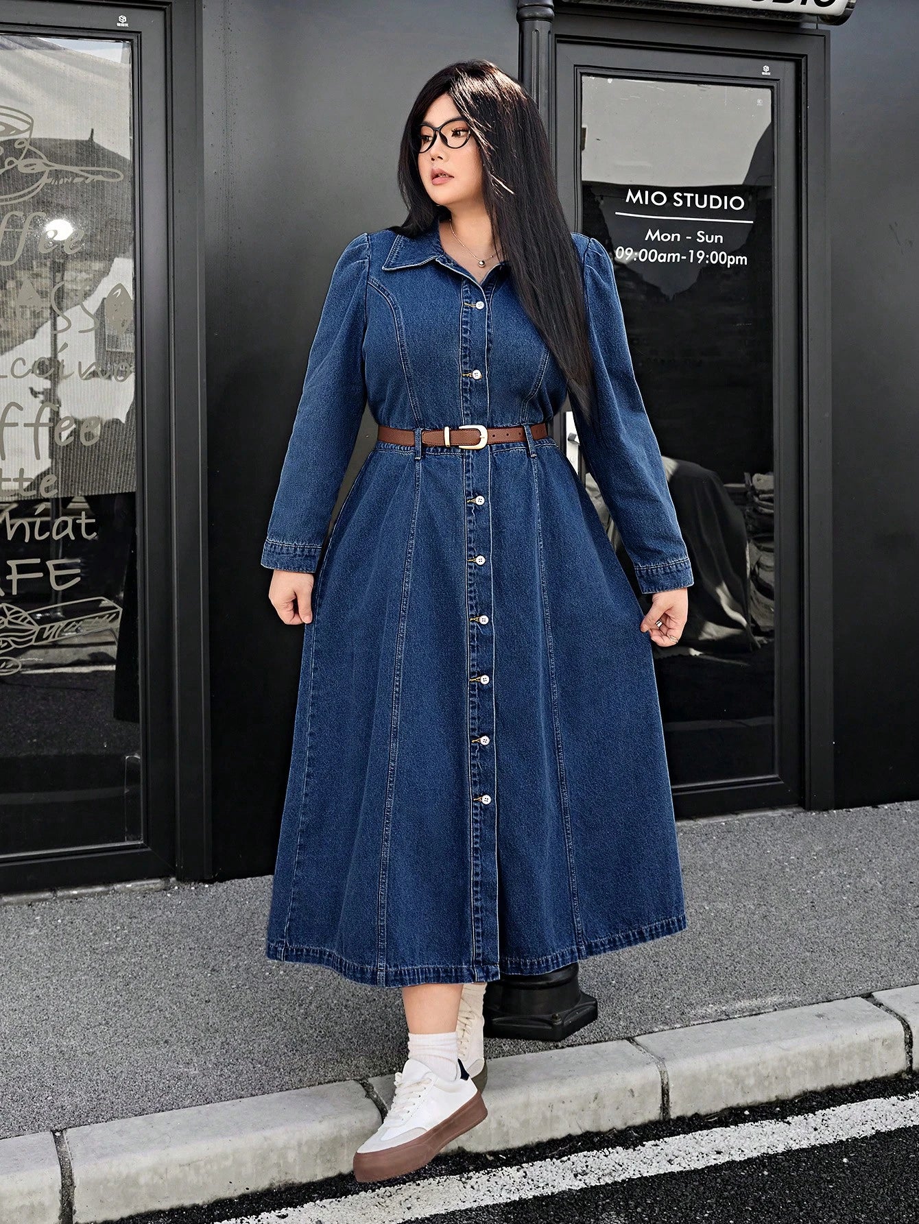 Plus Size Women's Long Casual Denim Shirt Dress