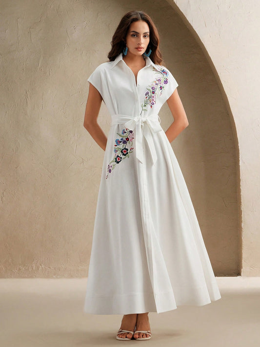 Open-Front Sleeveless Embroidery Floral Dress With Belt