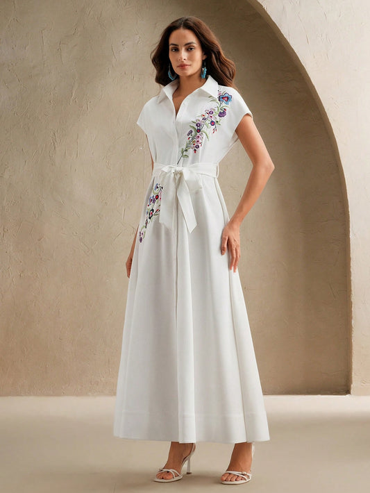 Open-Front Sleeveless Embroidery Floral Dress With Belt