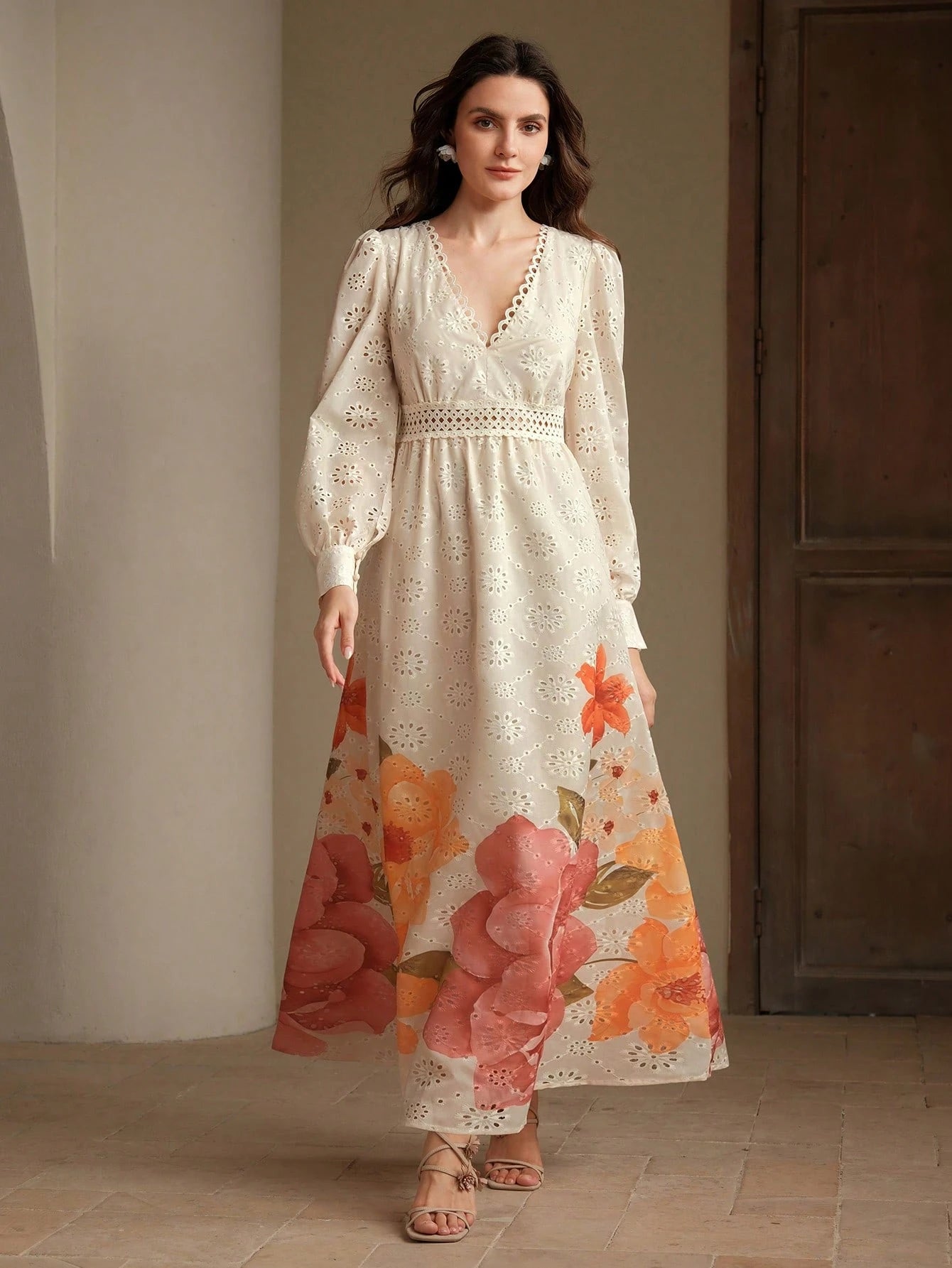 Floral Pattern Cutout Waist Embroidered Dress