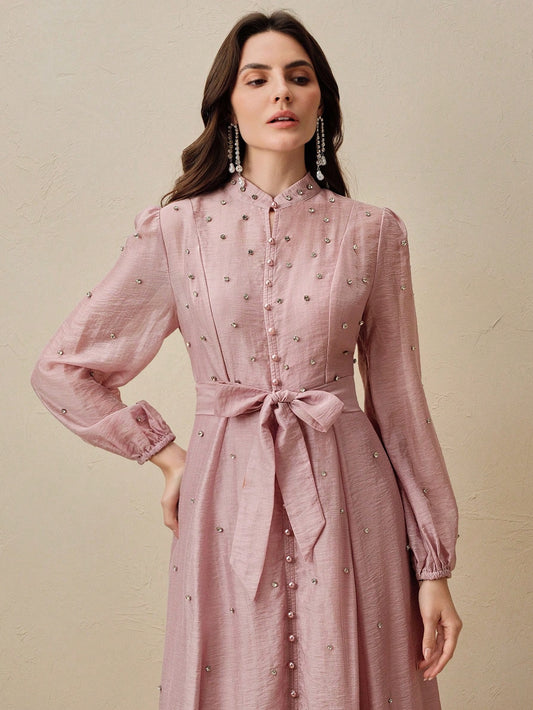 Women's Long Dress With 3D Rhinestone Decor