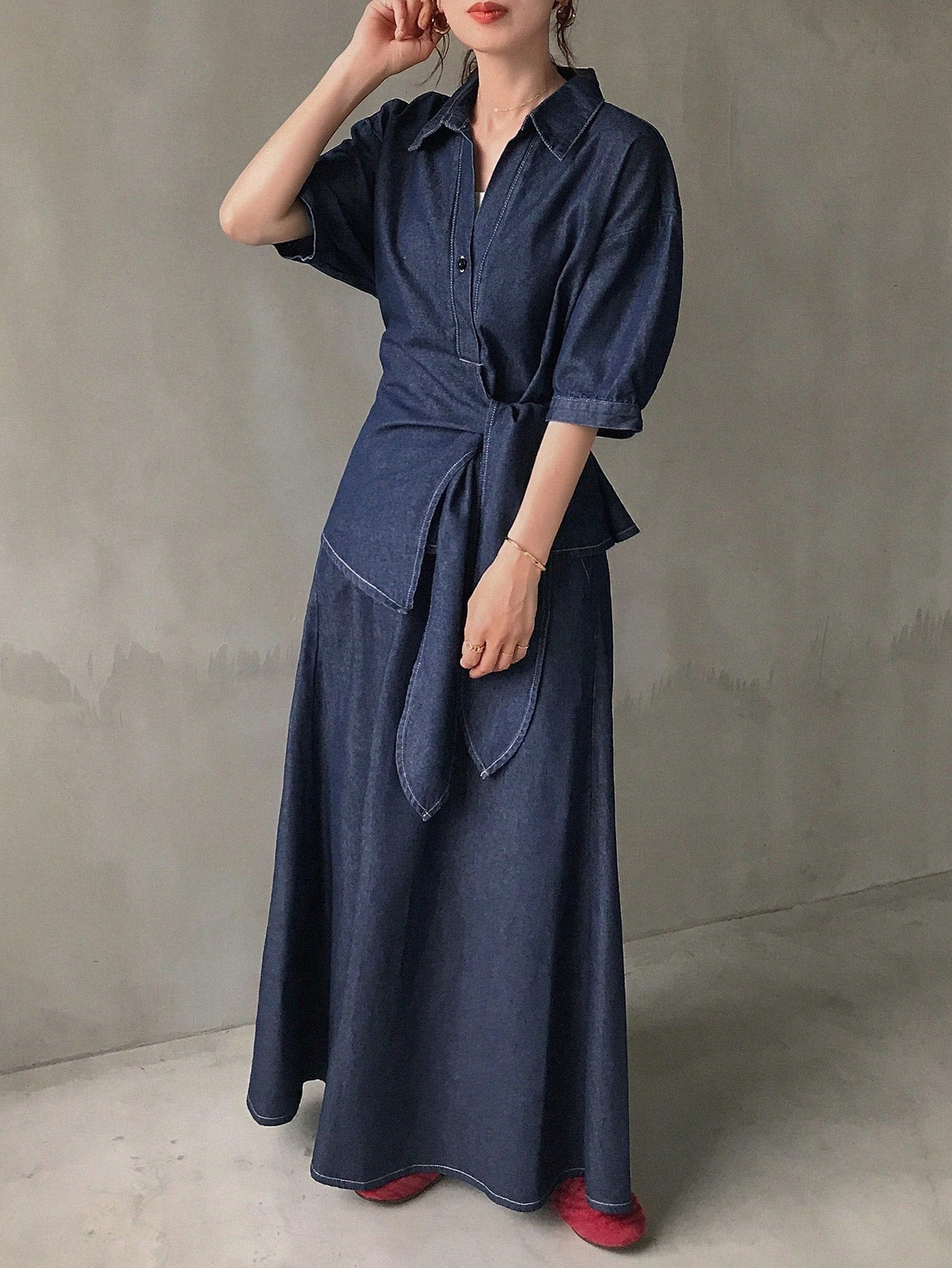 Women Casual Loose Drawstring Shirt And Denim Skirt 2-Piece Set