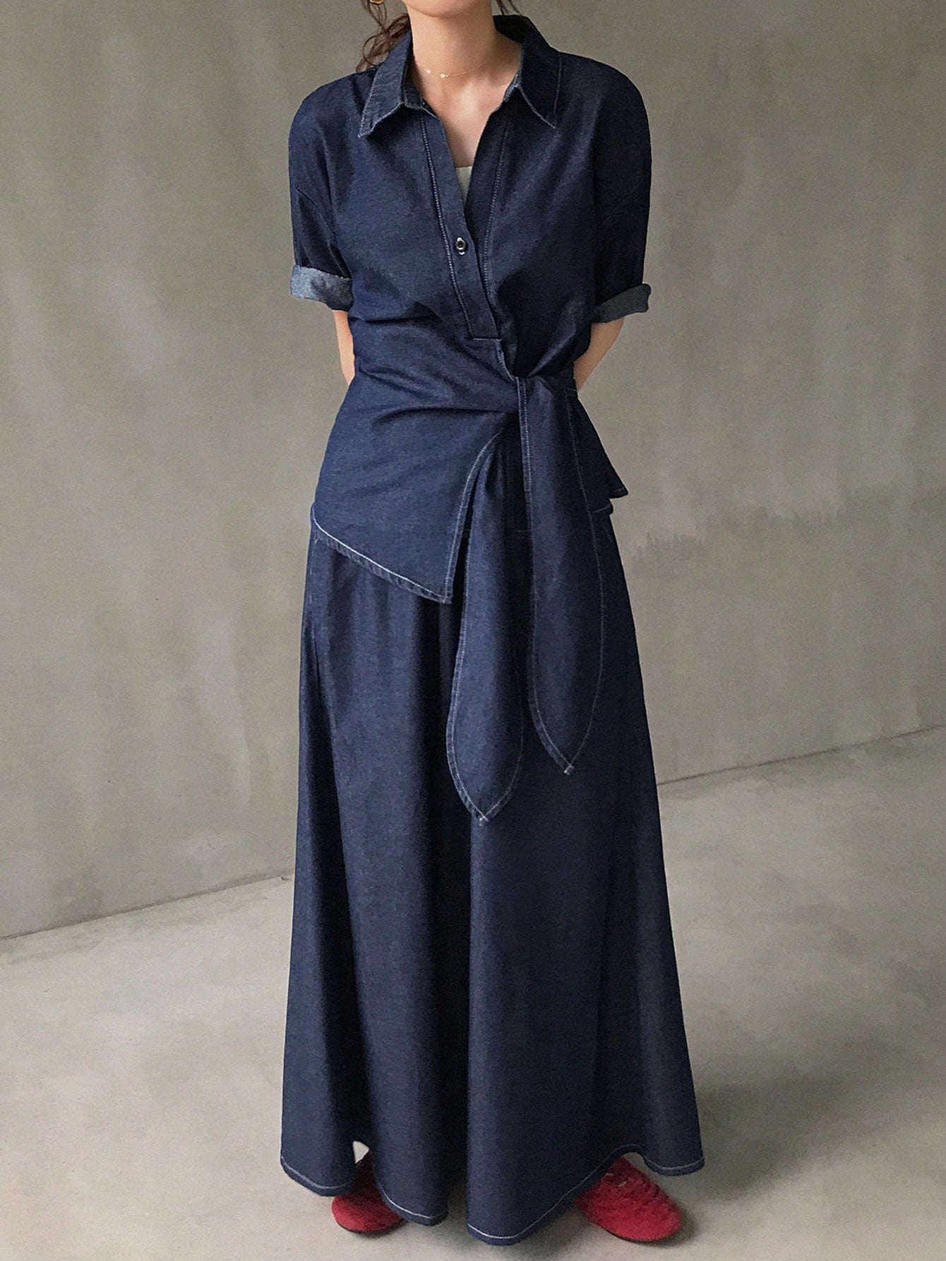 Women Casual Loose Drawstring Shirt And Denim Skirt 2-Piece Set