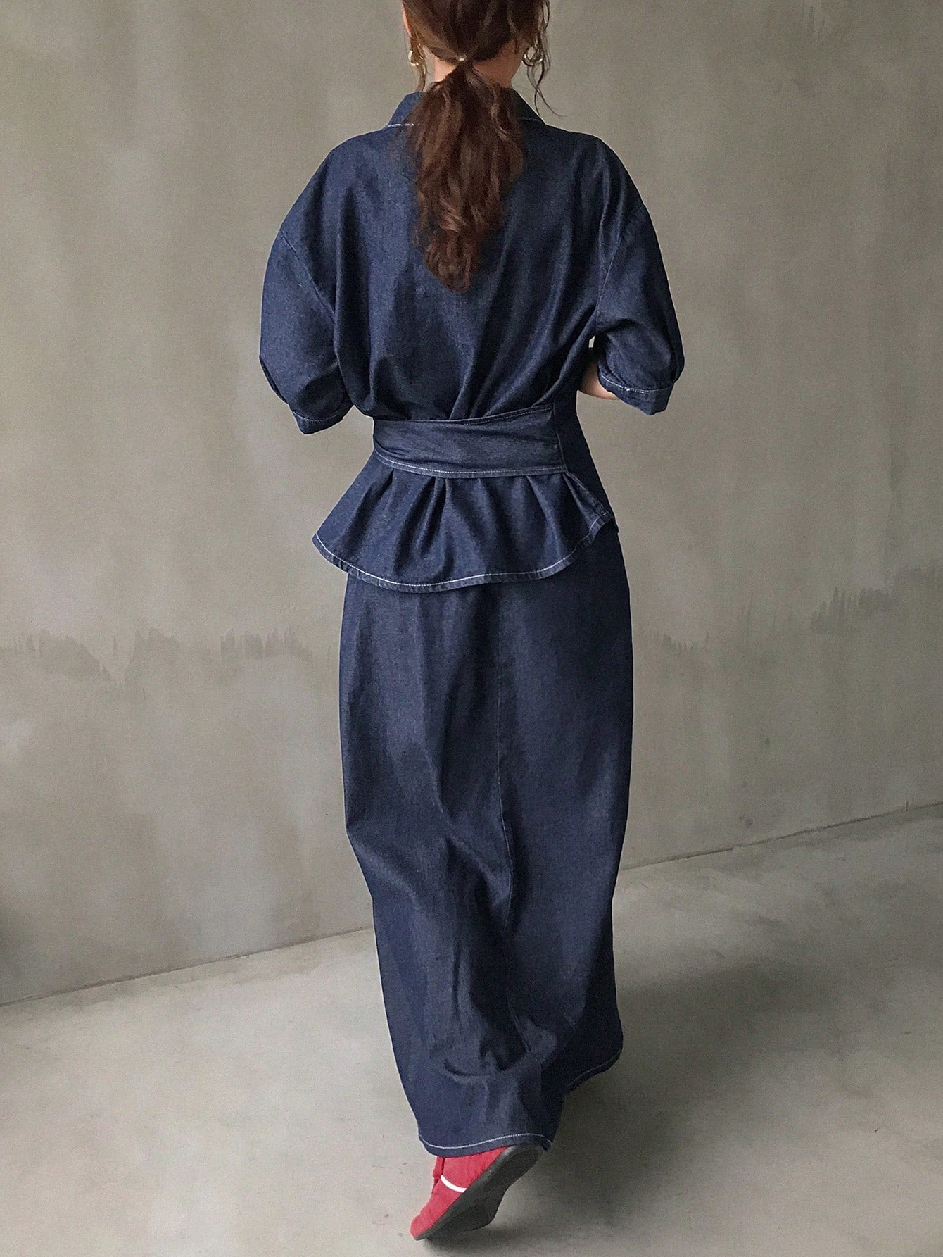 Women Casual Loose Drawstring Shirt And Denim Skirt 2-Piece Set