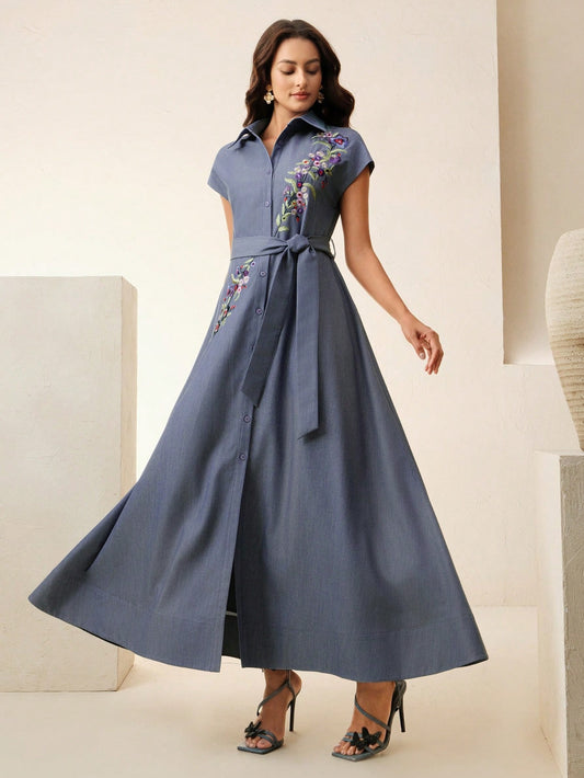 Open-Front Sleeveless Embroidery Floral Dress With Belt