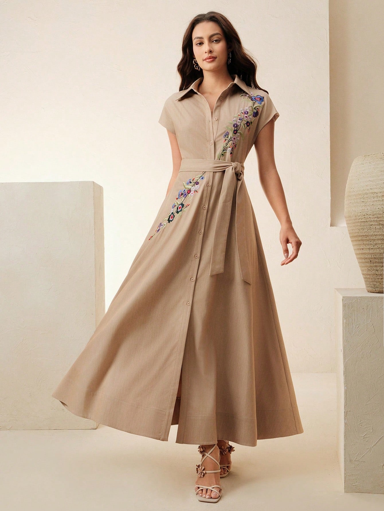 Open-Front Sleeveless Embroidery Floral Dress With Belt