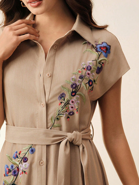 Open-Front Sleeveless Embroidery Floral Dress With Belt