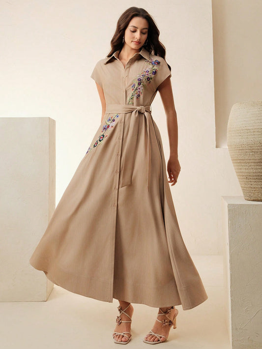 Open-Front Sleeveless Embroidery Floral Dress With Belt