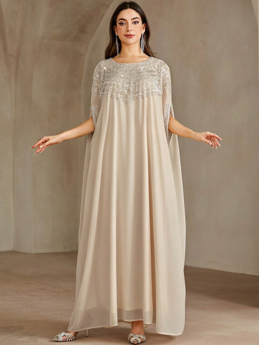 Round Neck Embellished Floral Collar And Rhinestones Kaftan