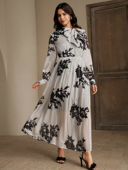 Long Sleeve-Bowknot Waisted Dress