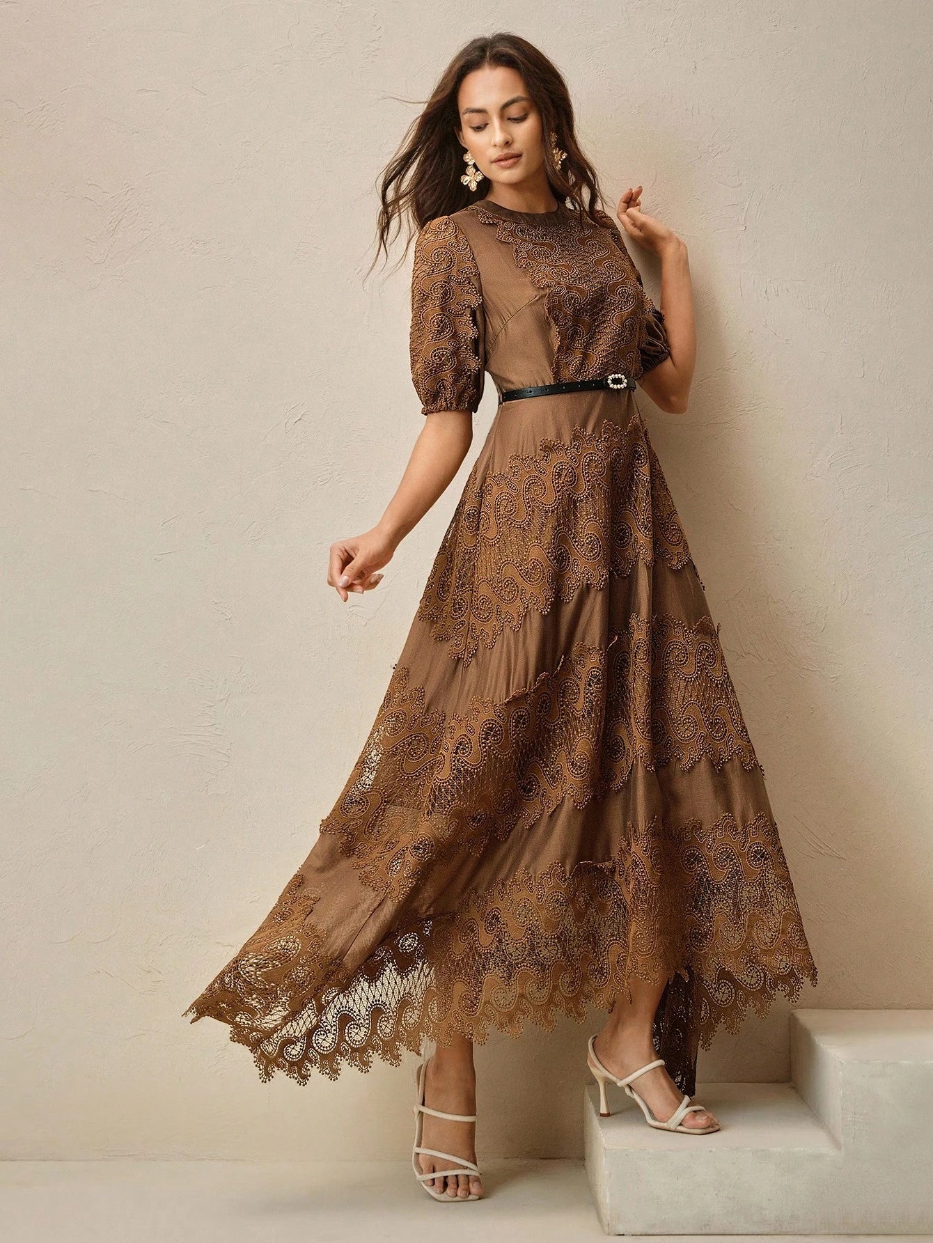 Elegant Round Neck Lace Patchwork Dress