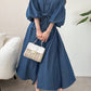 Denim Dress French Style Lantern Sleeves