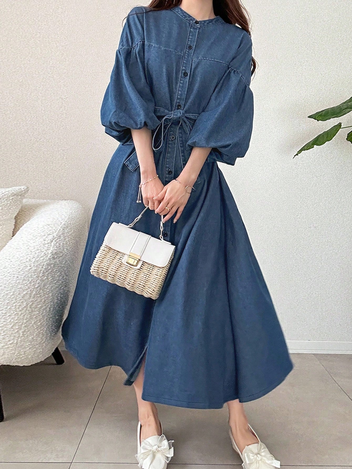 Denim Dress French Style Lantern Sleeves