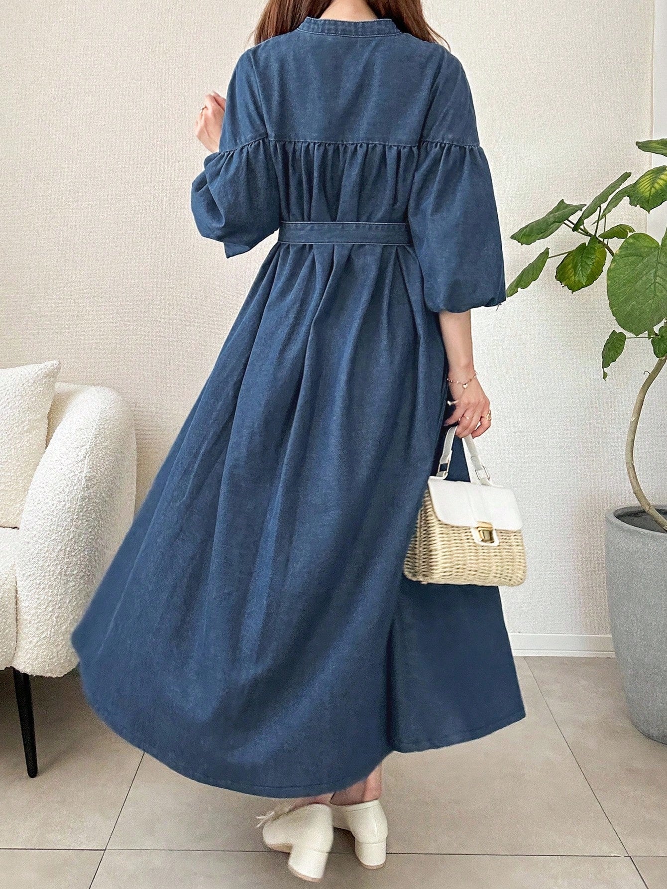 Denim Dress French Style Lantern Sleeves