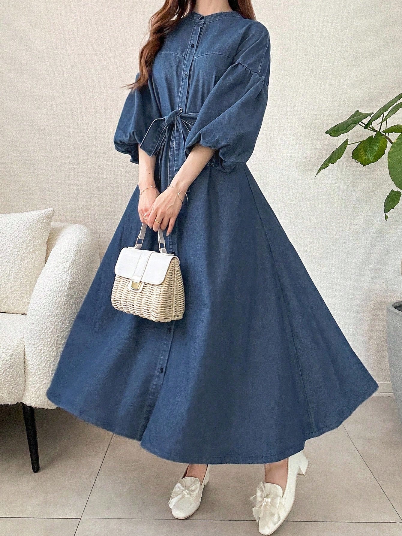 Denim Dress French Style Lantern Sleeves
