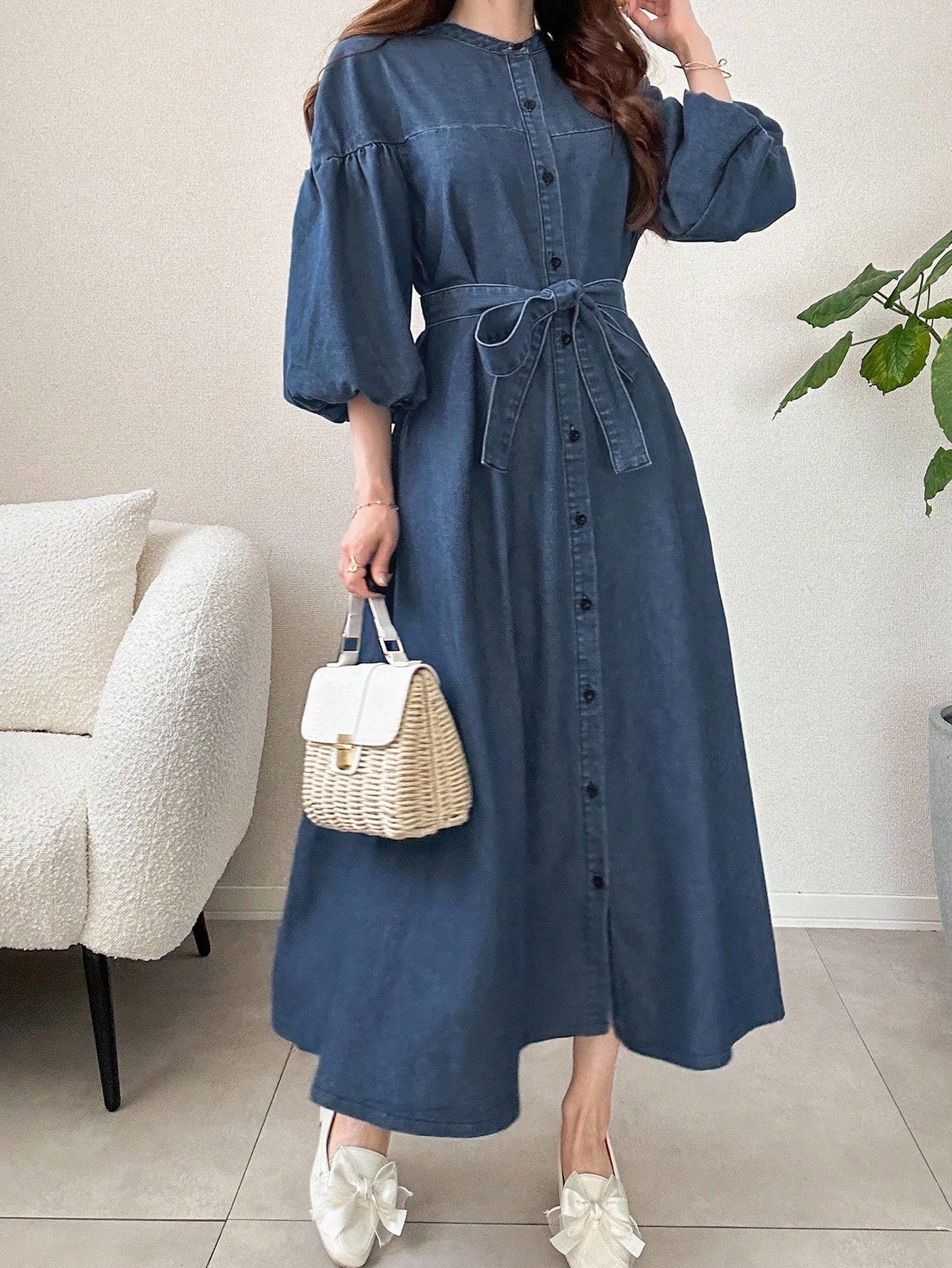 Denim Dress French Style Lantern Sleeves