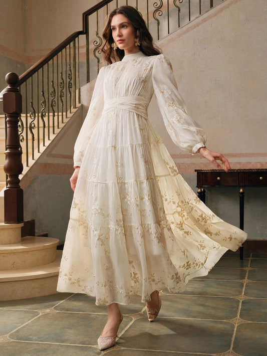 Embroidered Round Neck Waist Cinched Dress