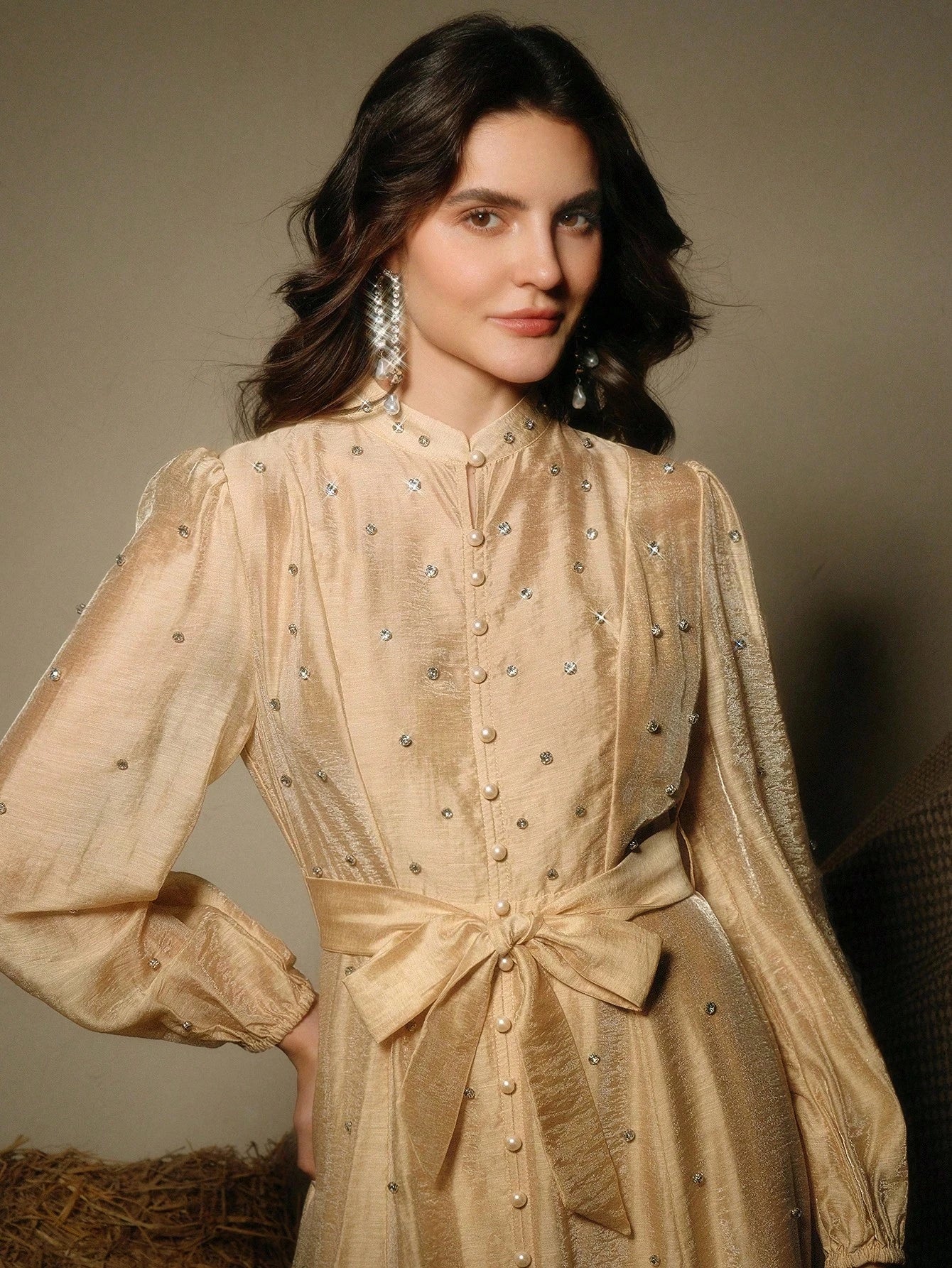 Women's Long Dress With 3D Rhinestone Decor