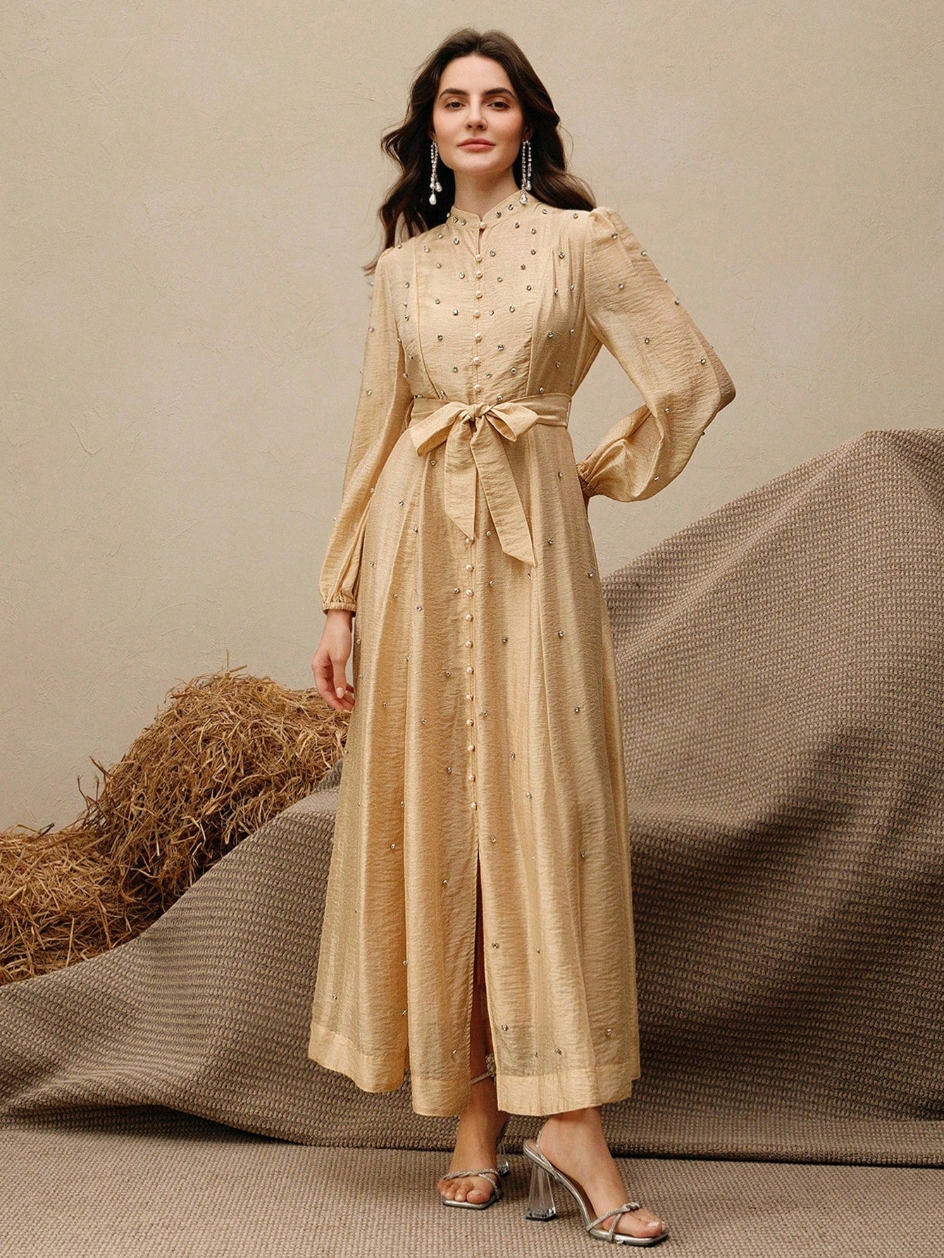 Women's Long Dress With 3D Rhinestone Decor