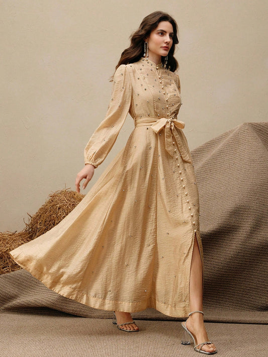 Women's Long Dress With 3D Rhinestone Decor