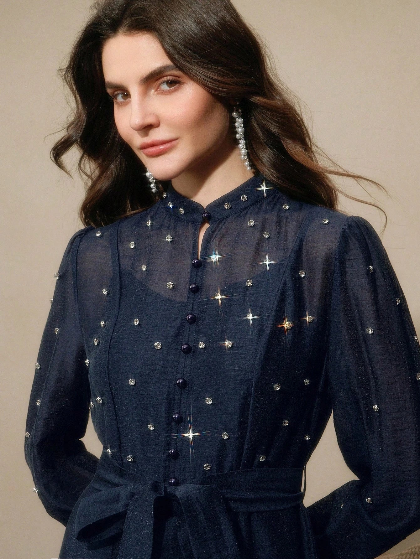 Women's Long Dress With 3D Rhinestone Decor