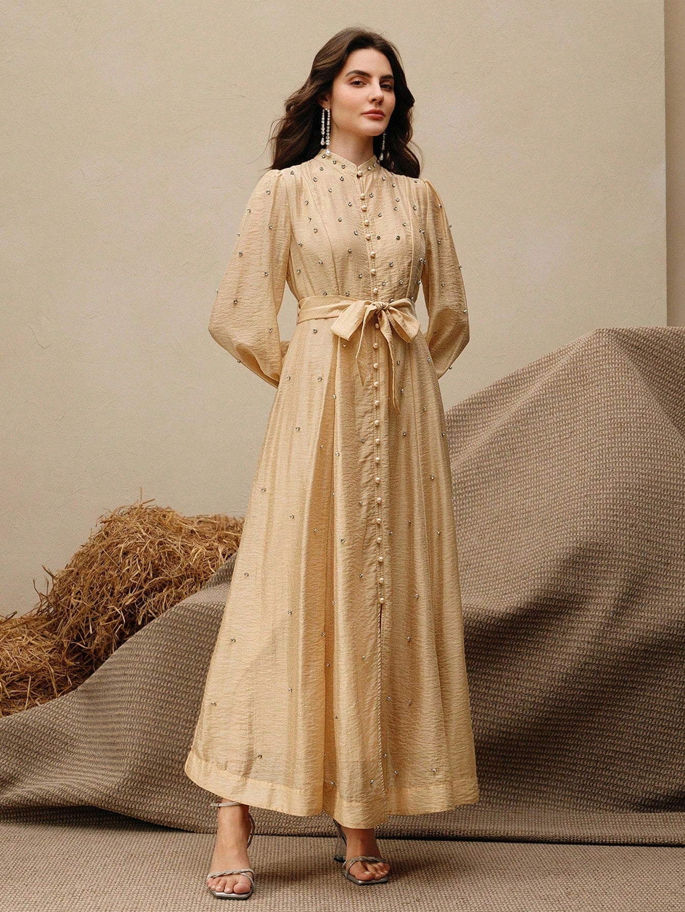 Women's Long Dress With 3D Rhinestone Decor