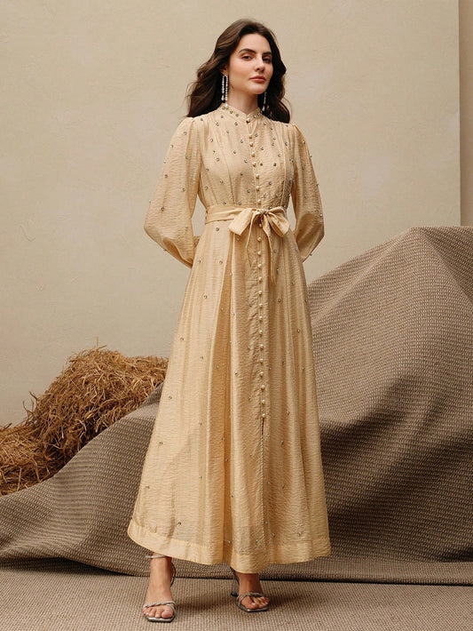 Women's Long Dress With 3D Rhinestone Decor