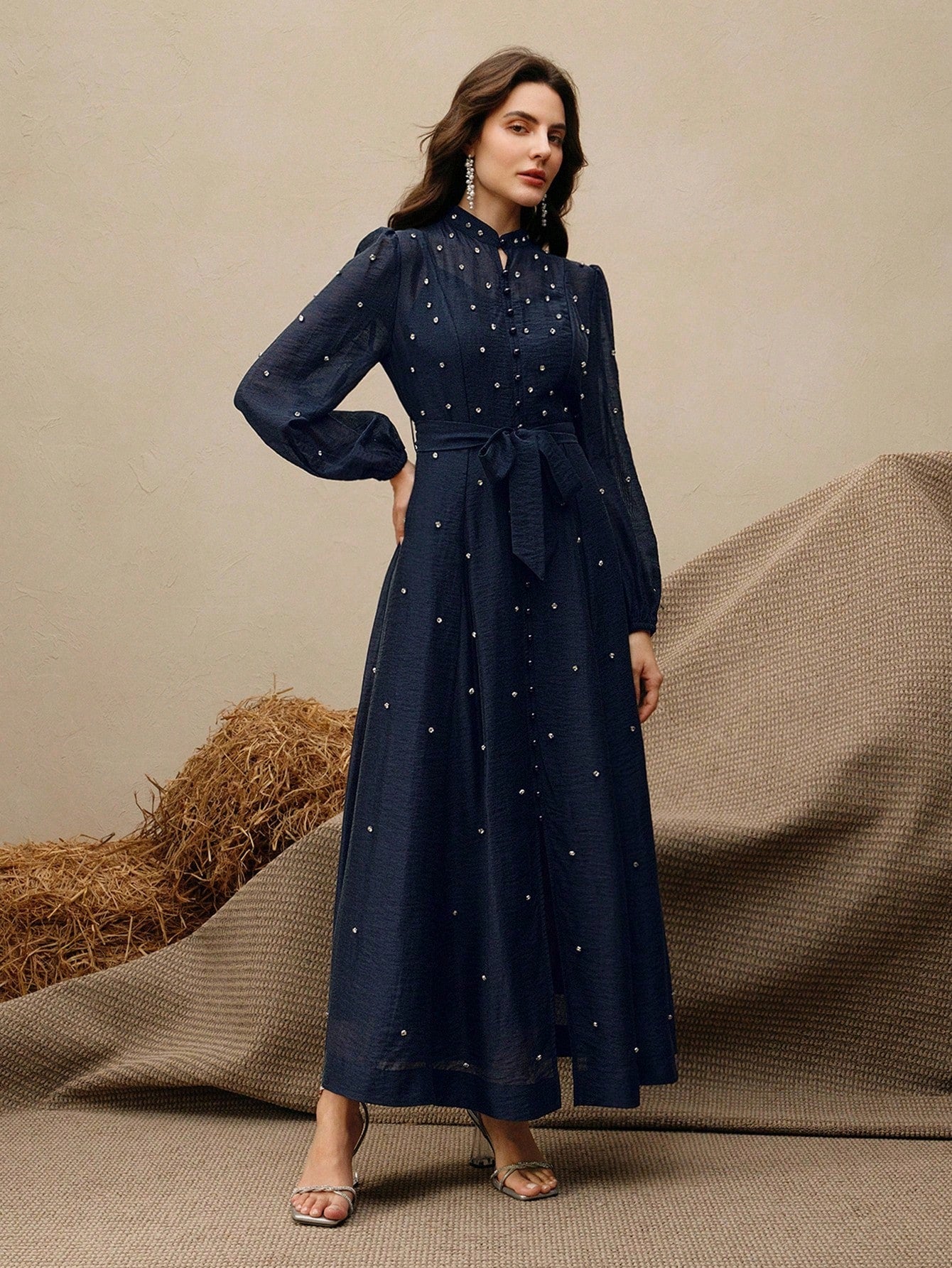 Women's Long Dress With 3D Rhinestone Decor