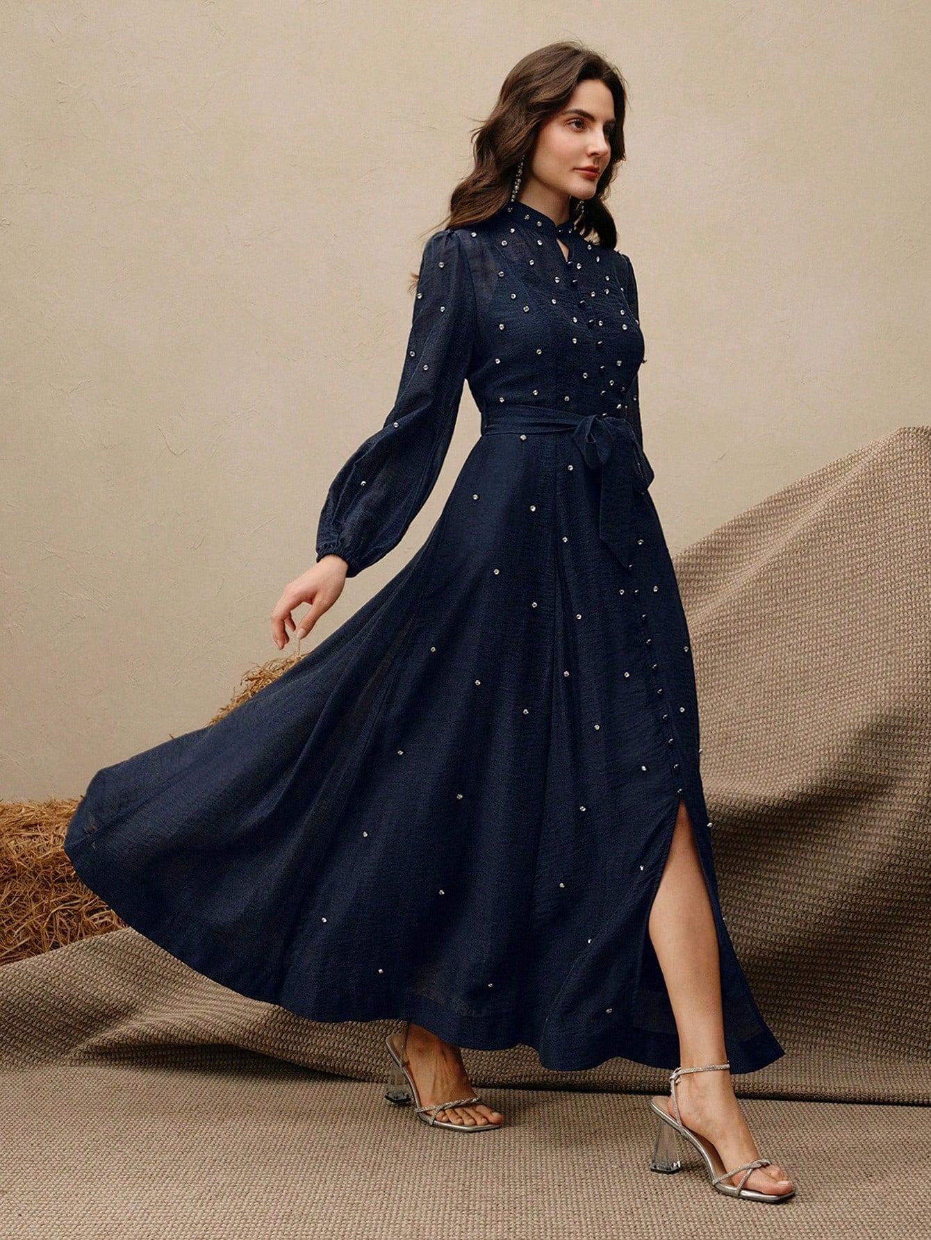 Women's Long Dress With 3D Rhinestone Decor