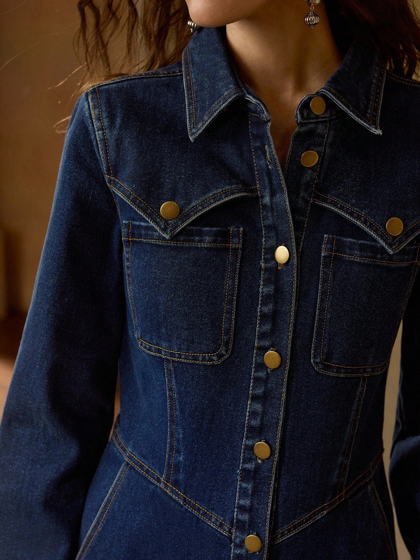 Collared Waist Cinched Solid Color Denim Dress